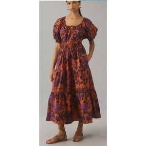 by Anthropologie Size Small The Somerset Maxi Dress Burnt Orange Floral Cotton